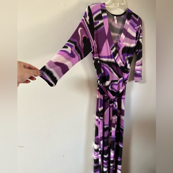 Got Style Maxi Wrap Dress Black & Purple Design Stretch Belted Maxi Long - Picture 4 of 7